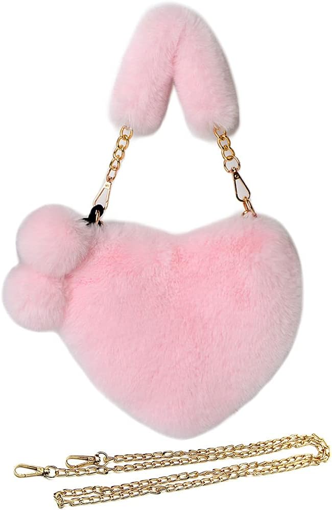 Furry Purse for Girls Heart Shaped Fluffy Faux Fur Handbag for Women Soft Small Shoulder Bag Clutch Purse