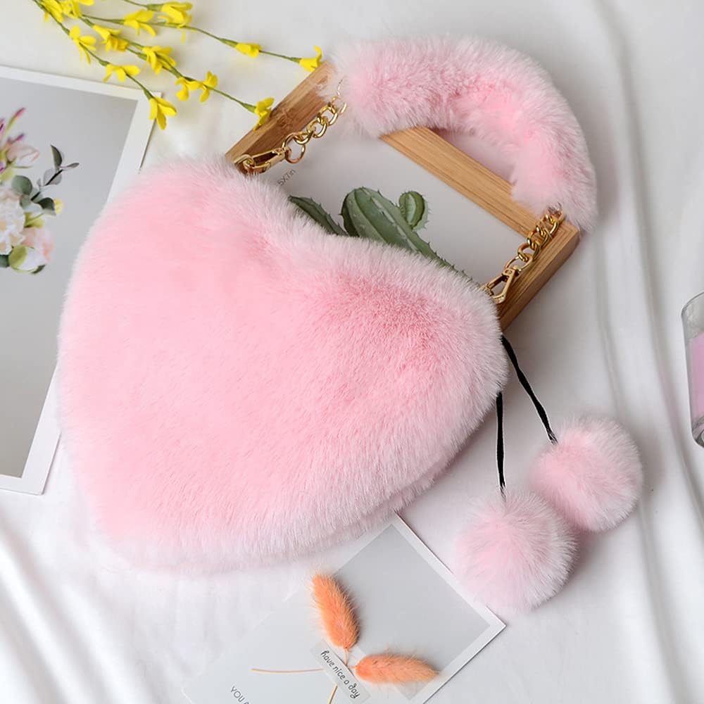 Furry Purse for Girls Heart Shaped Fluffy Faux Fur Handbag for Women Soft Small Shoulder Bag Clutch Purse