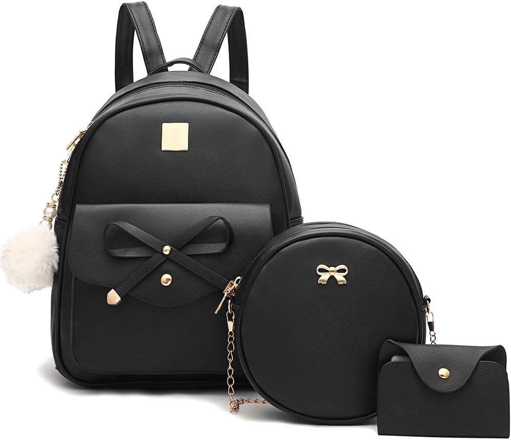 Girls Bowknot 3-Pieces Fahsion Leather Backpack Backpack Purse for Women Rucksack for Ladies Shoulder Bag