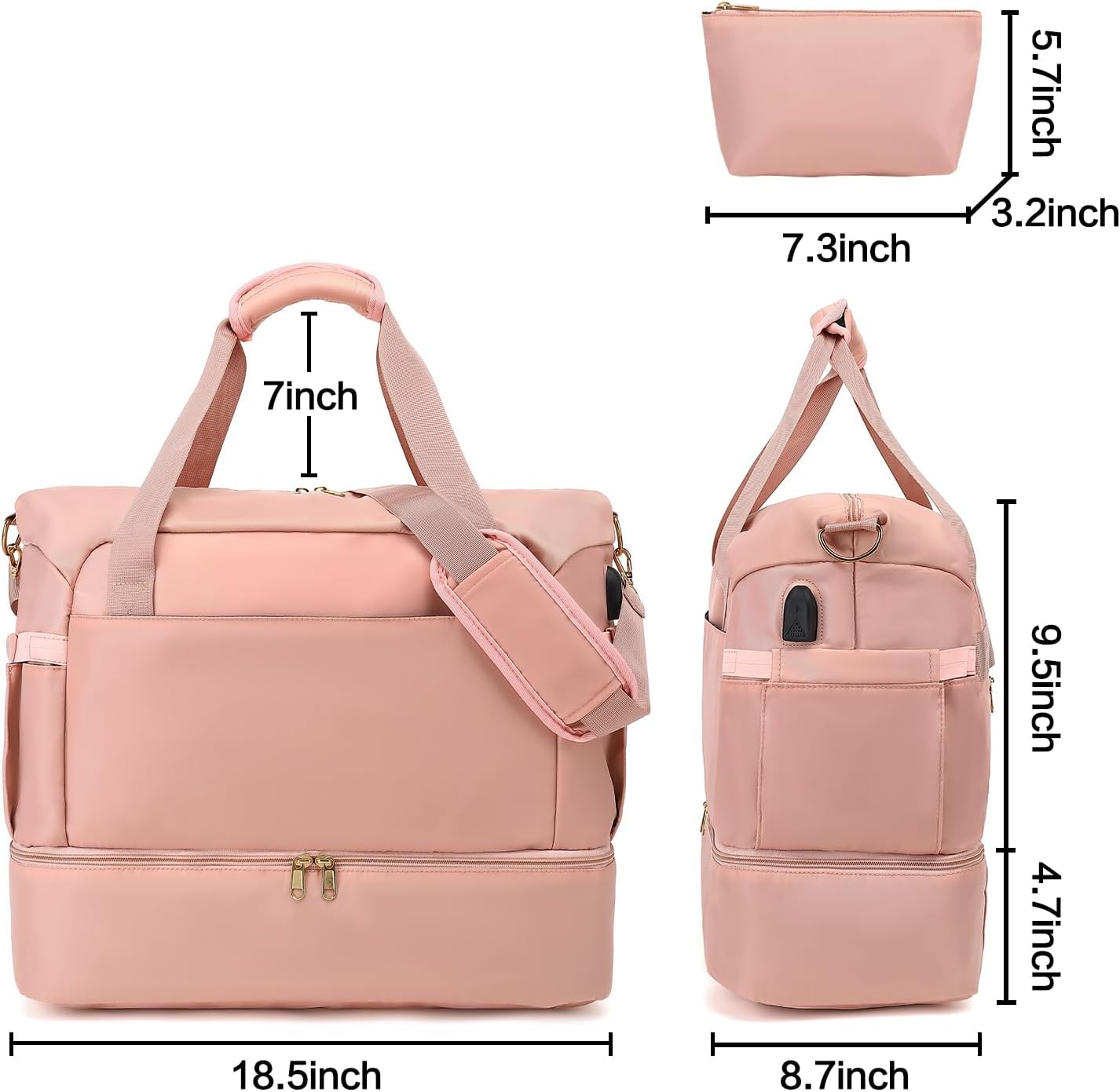 Gym Bag Women men with Shoes Compartment,Travel Duffel Bag with USB Charging Port, Sport Gym Tote Bags Swimming Yoga,Waterproof Weekend Overnight Bag Carry on Bag Hospital Holdalls,Pink