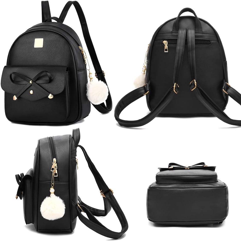 Girls Bowknot 3-Pieces Fahsion Leather Backpack Backpack Purse for Women Rucksack for Ladies Shoulder Bag