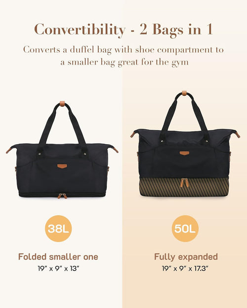 Expandable Weekender Bag for Women,Travel Duffel Bag 50L Carry on Overnight Bag with Shoes Compartment Gym Bag, Black, Large, Travel Bag Women