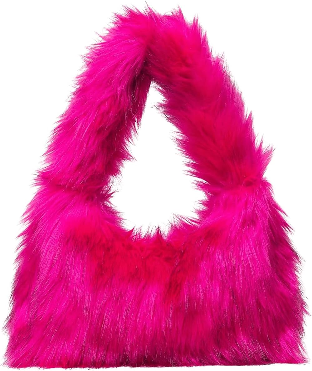 Women's Fuzzy Faux Fur Crescent Shoulder Bag Plush Purse Underarm Handbag  Tote