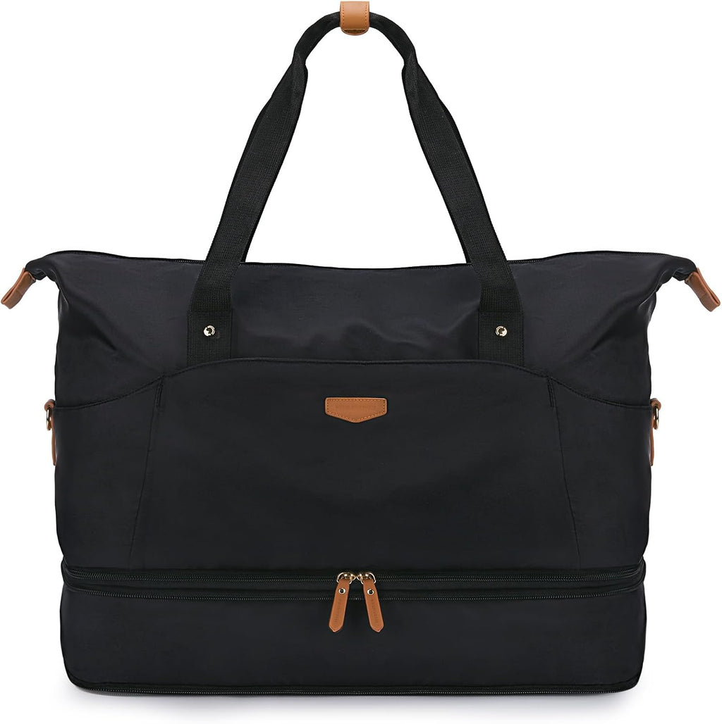 Expandable Weekender Bag for Women,Travel Duffel Bag 50L Carry on Overnight Bag with Shoes Compartment Gym Bag, Black, Large, Travel Bag Women
