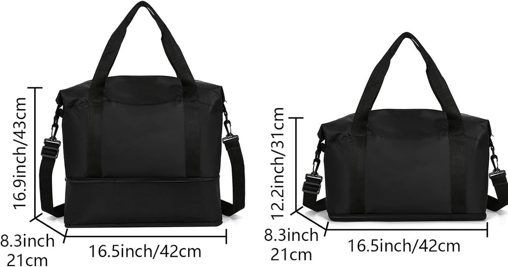 Weekender Bags for Women, Personal Item Travel Bag, Overnight Bag Luggage Bag, Foldable Sports Tote Gym Bag for Men, Travel Tote Bags with Detachable Shoulder Strap and Wet Compartment (Black),