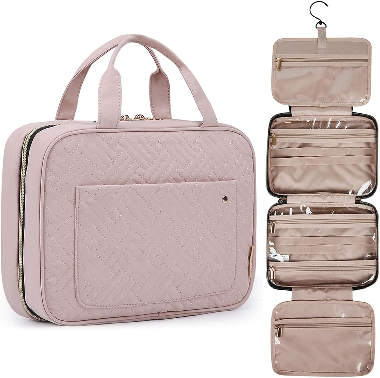 Toiletry Bag Travel Bag with Hanging Hook, Water-resistant Makeup Cosmetic Bag Travel Organizer for Accessories, Shampoo, Full-size Container, Toiletries, Baby Pink, Medium, Travel