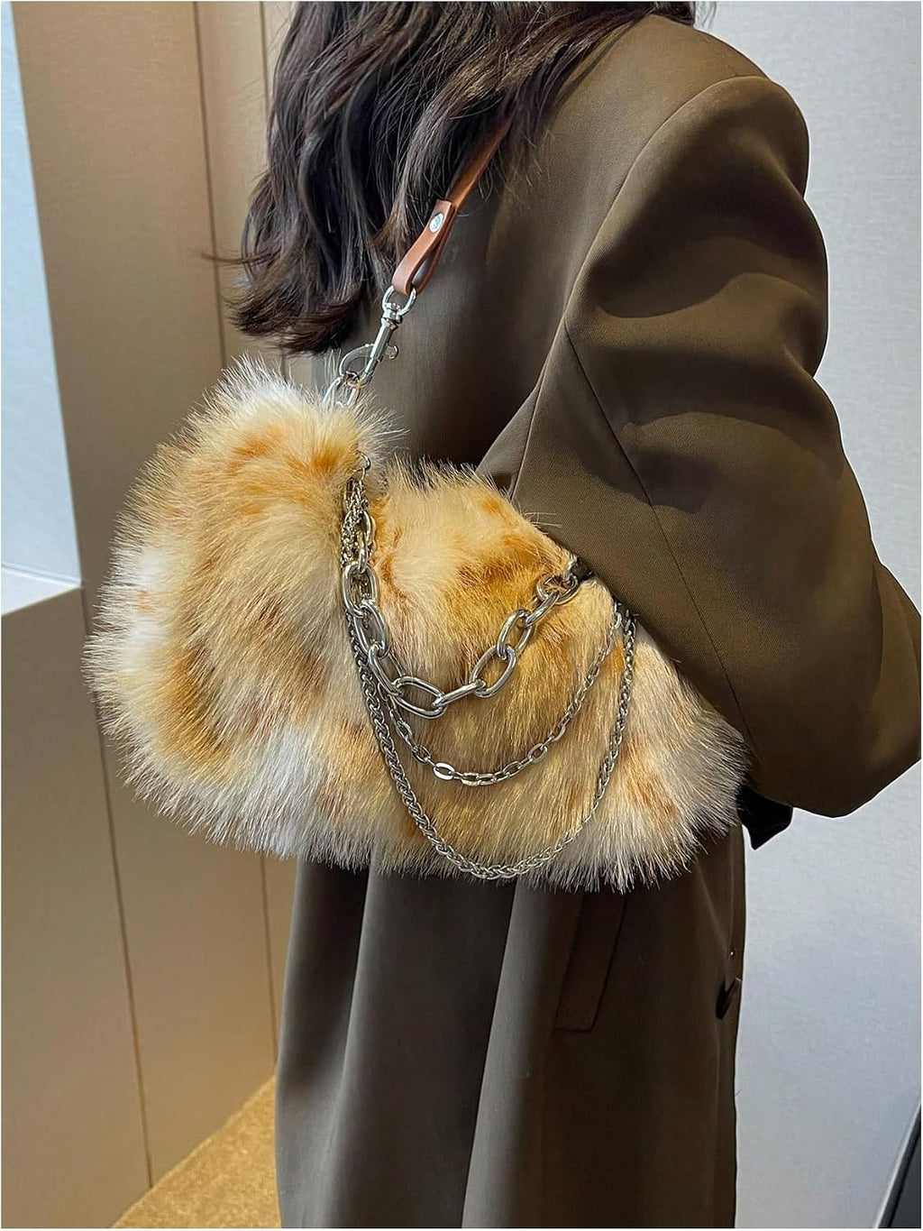 Women's Faux Fur  Bag Top Handle Fuzzy Shoulder Handbags Plush Square Bags Purse