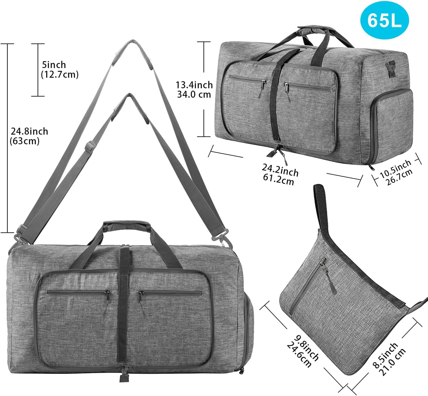 Travel Duffle Bag for Men, 65L 85L 115L Foldable Travel Duffel Bag with Shoes Compartment Overnight Bag for Men Women, A Gray, 65L, Foldable