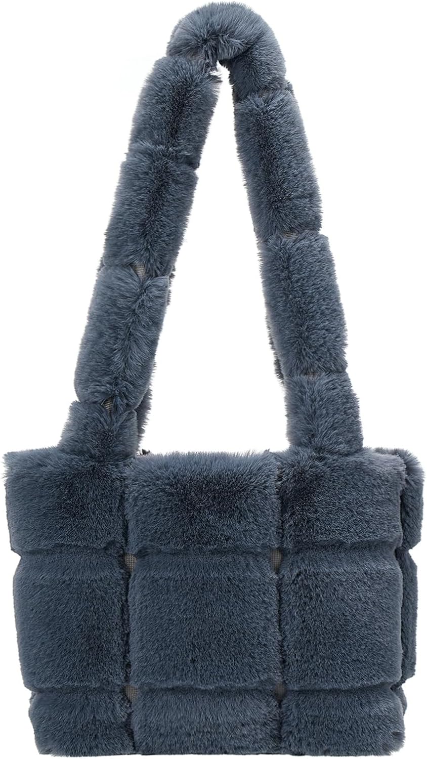 Furry Purse for Women, Plush Shoulder Handbag Faux Fur Bag Fluffy Tote Bag,Winter Quilted Puffy Tote Handbag
