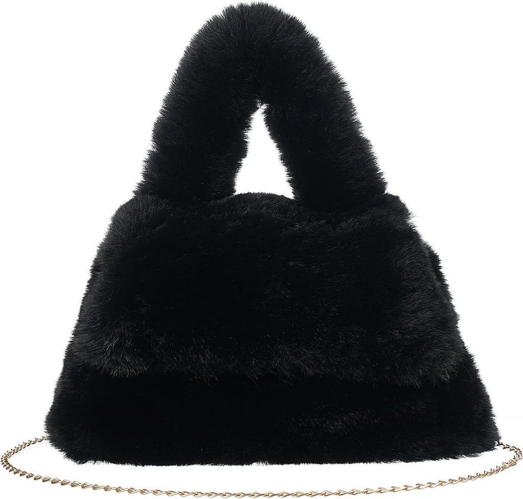 Fluffy Tote Bag for Woman Plush Shoulder Handbag Furry Faux Fur Purse for Winter (Black)