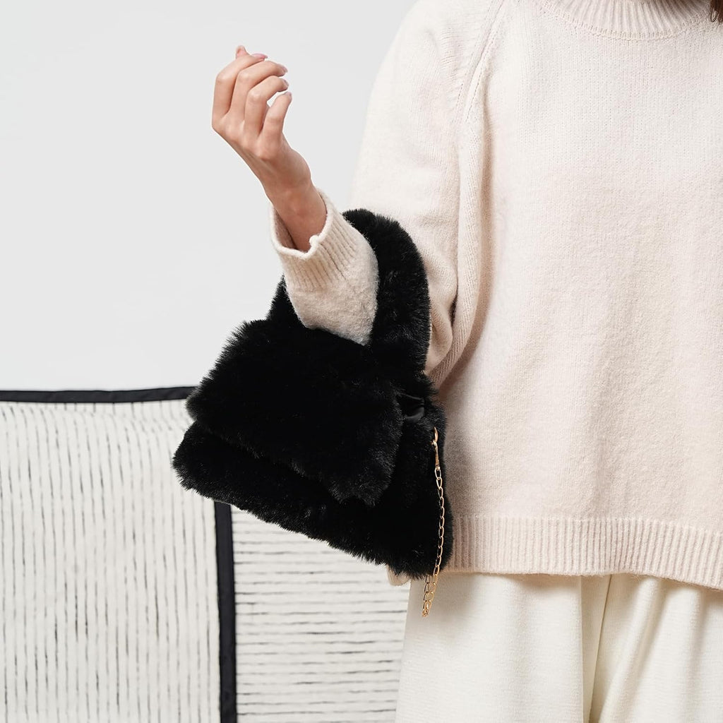 Fluffy Tote Bag for Woman Plush Shoulder Handbag Furry Faux Fur Purse for Winter (Black)