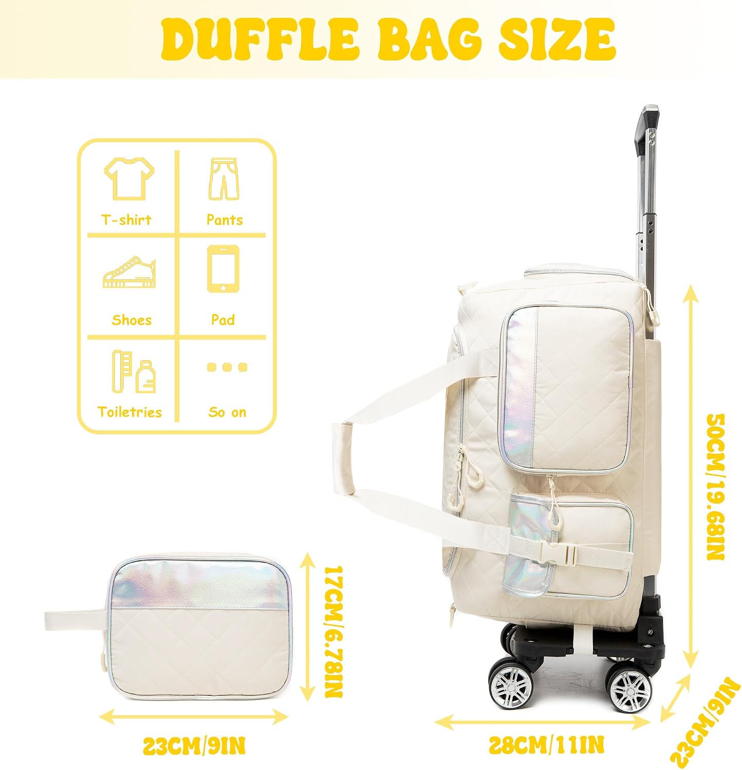 Travel Bag with Wheels, Women Sports Bag with Shoe Compartment, Overnight Duffel Carry On Weekender with Wheels, Duffle Bag with Cosmetic Bag