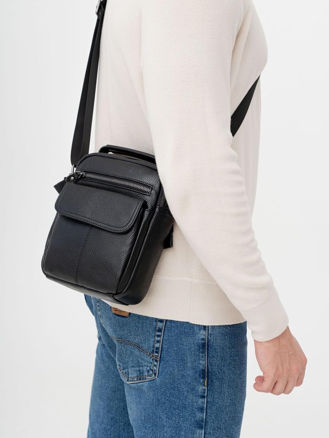 Man Purses and Bags Small, Mini Genuine Leather Messenger and Shoulder Bag for Men with lots of Zipper Pockets