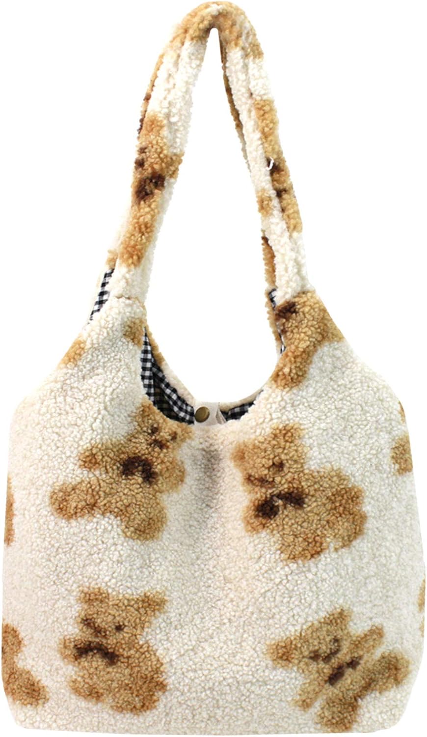 Women Ladies Cute Bear Plush Shoulder Bag Large Tote Handbag Purse Faux Fur Shopping Dating Bag