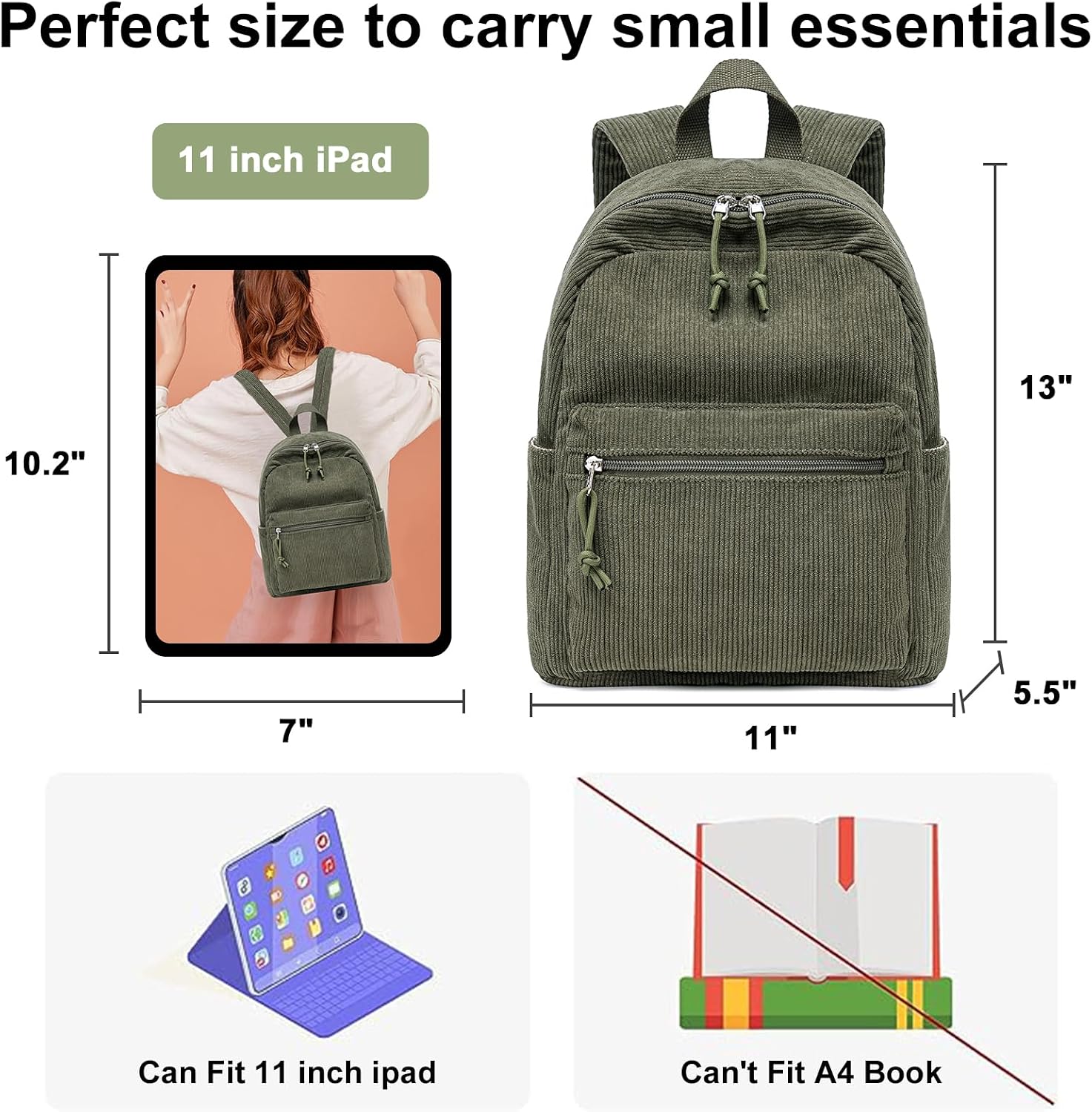Girls Mini Backpack Women Small Backpack Purse Teens Cute Casual School Bookbag(Corduroy Army Green)