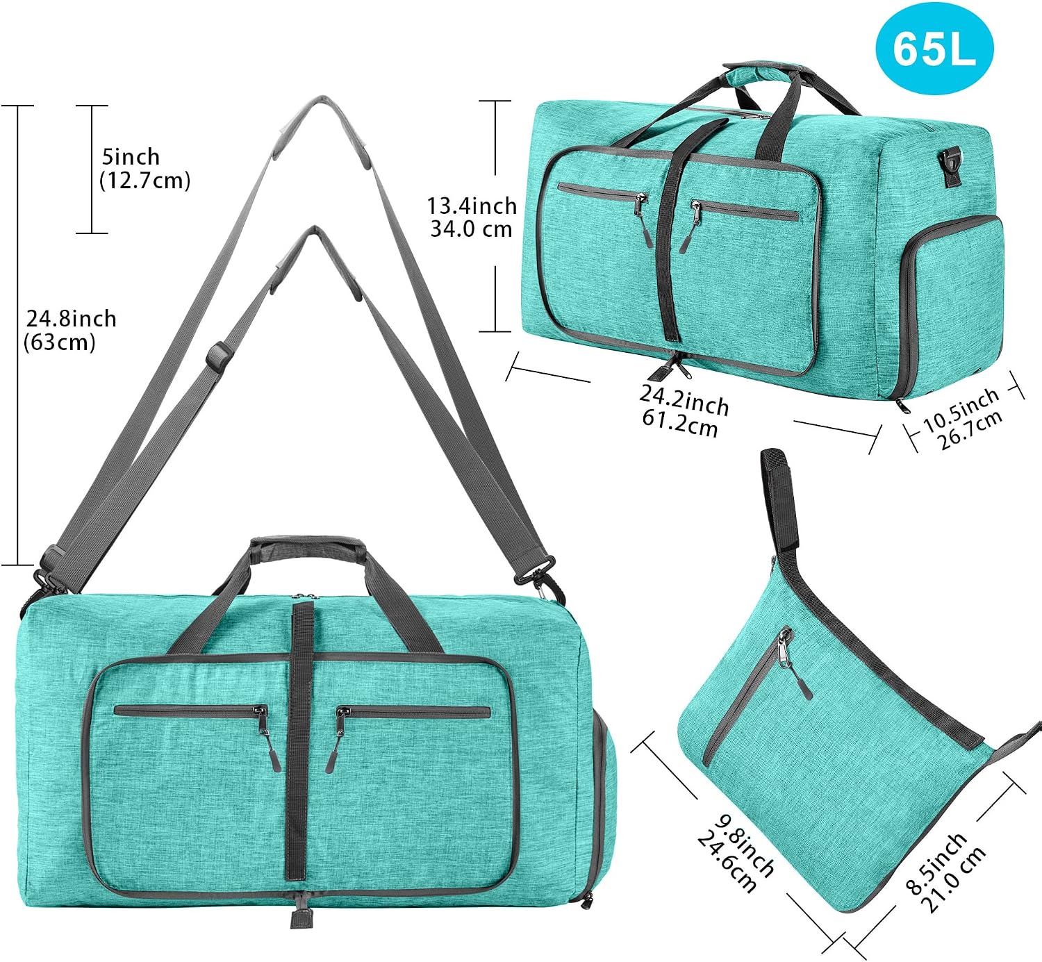 Travel Duffle Bag for Men, 65L 85L 115L Foldable Travel Duffel Bag with Shoes Compartment Overnight Bag for Men Women, G Mint Green, 65L, Lightweight