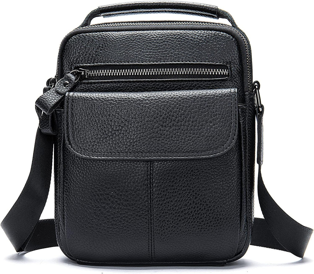 Man Purses and Bags Small, Mini Genuine Leather Messenger and Shoulder Bag for Men with lots of Zipper Pockets