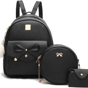 Girls Bowknot 3-Pieces Fahsion Leather Backpack Backpack Purse for Women Rucksack for Ladies Shoulder Bag