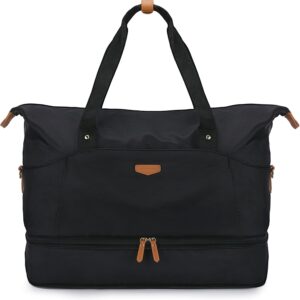 Expandable Weekender Bag for Women,Travel Duffel Bag 50L Carry on Overnight Bag with Shoes Compartment Gym Bag, Black, Large, Travel Bag Women